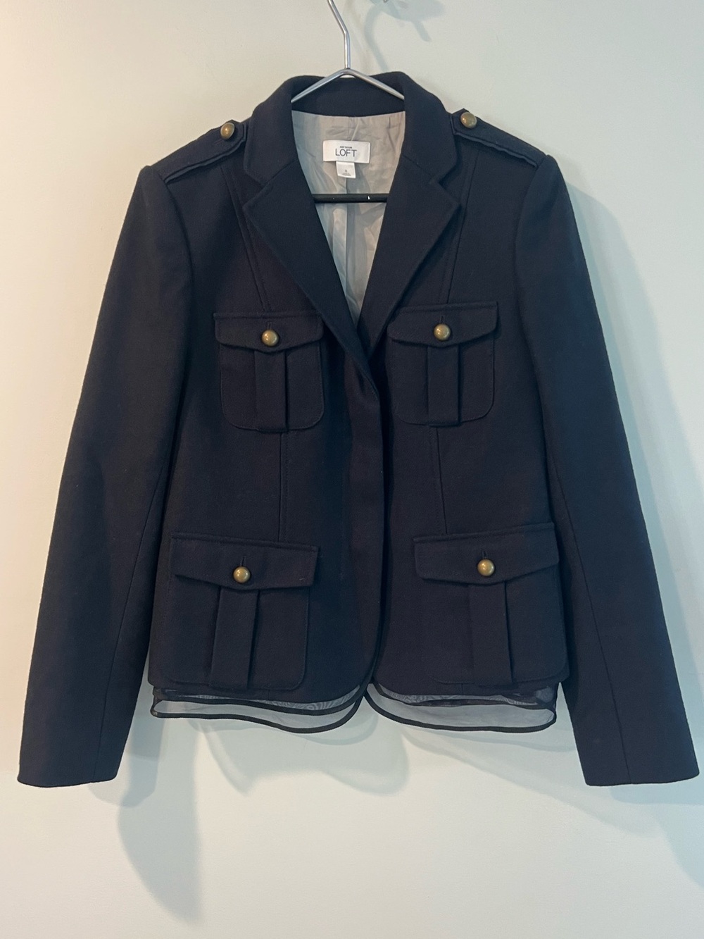Loft Navy Wool Blend Blazer Coat Military Brass Buttons SZ 8